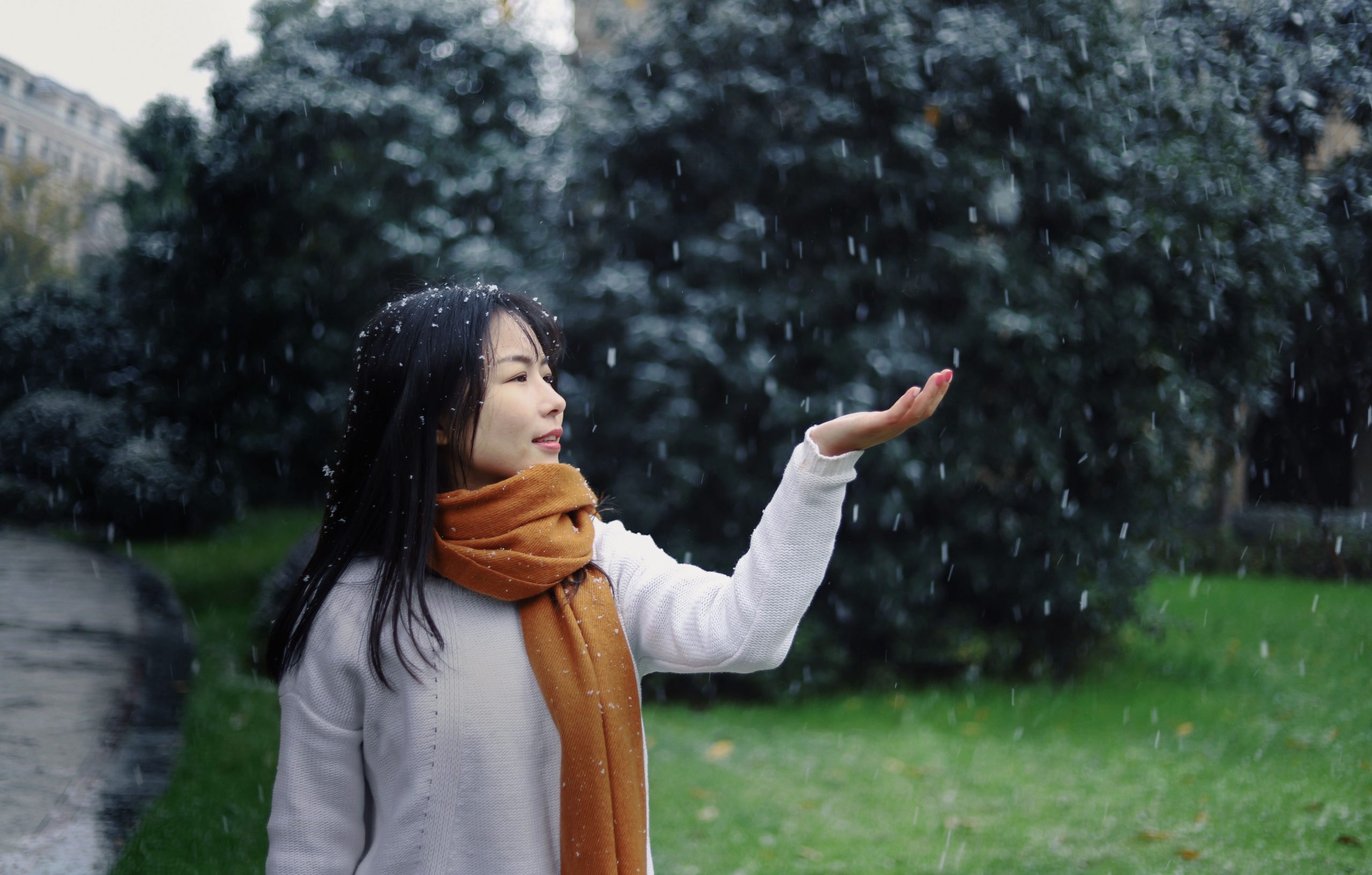 Chinese student outside in the snow